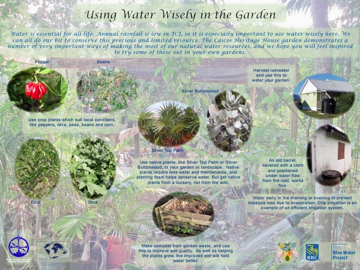 One of the interpretation boards installed in the model garden on Providenciales, providing information on wise water use and tradition plants which require fewer natural resources to thrive in TCI's dry climate.