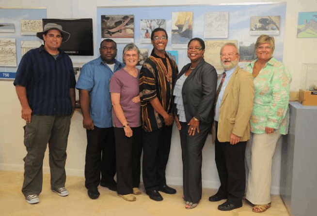 Presenters and some key personnel from linked projects; left to right: Bryan Naqqi Manco, TCI Dept of Environment and Maritime Affairs; Edgar Howell, Director of Education, TCI; Ann Pienkowski, UKOTCF; David Bowen, Director of Culture, TCI; Sanfra Foster, Country Manager, RBC TCI; Dr Mike Pienkowski, UKOTCF; Patricia Saxton, TCI National Museum Foundation; Copyright: RBC Royal Bank