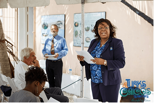 Sanfra Foster, Country Manager, RBC TCI at the official opening of the garden; Dr Mike Pienkowski, UKOTCF in background summaries the activities undertaken as part of the project; H.E. Governor Peter Beckingham (left), present to open the garden, looks on. Copyright: Turks and Caicos Tourist Board