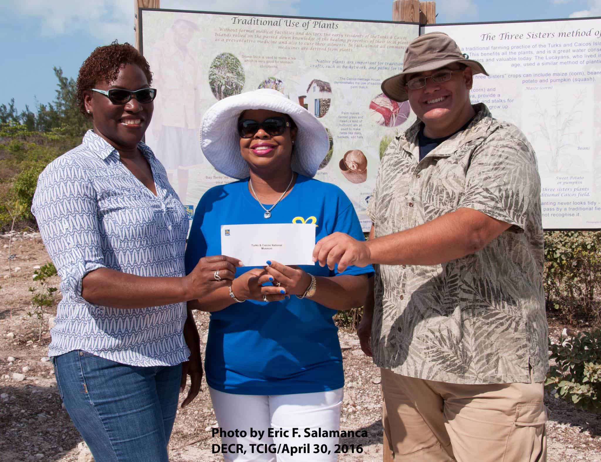 From left: Candianne Williams (Manager, Turks & Caicos National Museum, Providenciales), Sanfra Foster (Manager, Royal Bank of Canada, Providenciales) and Bryan Naqqi Manco (DECR and TCNM). Photo: Dr Eric Salamanca, DECR