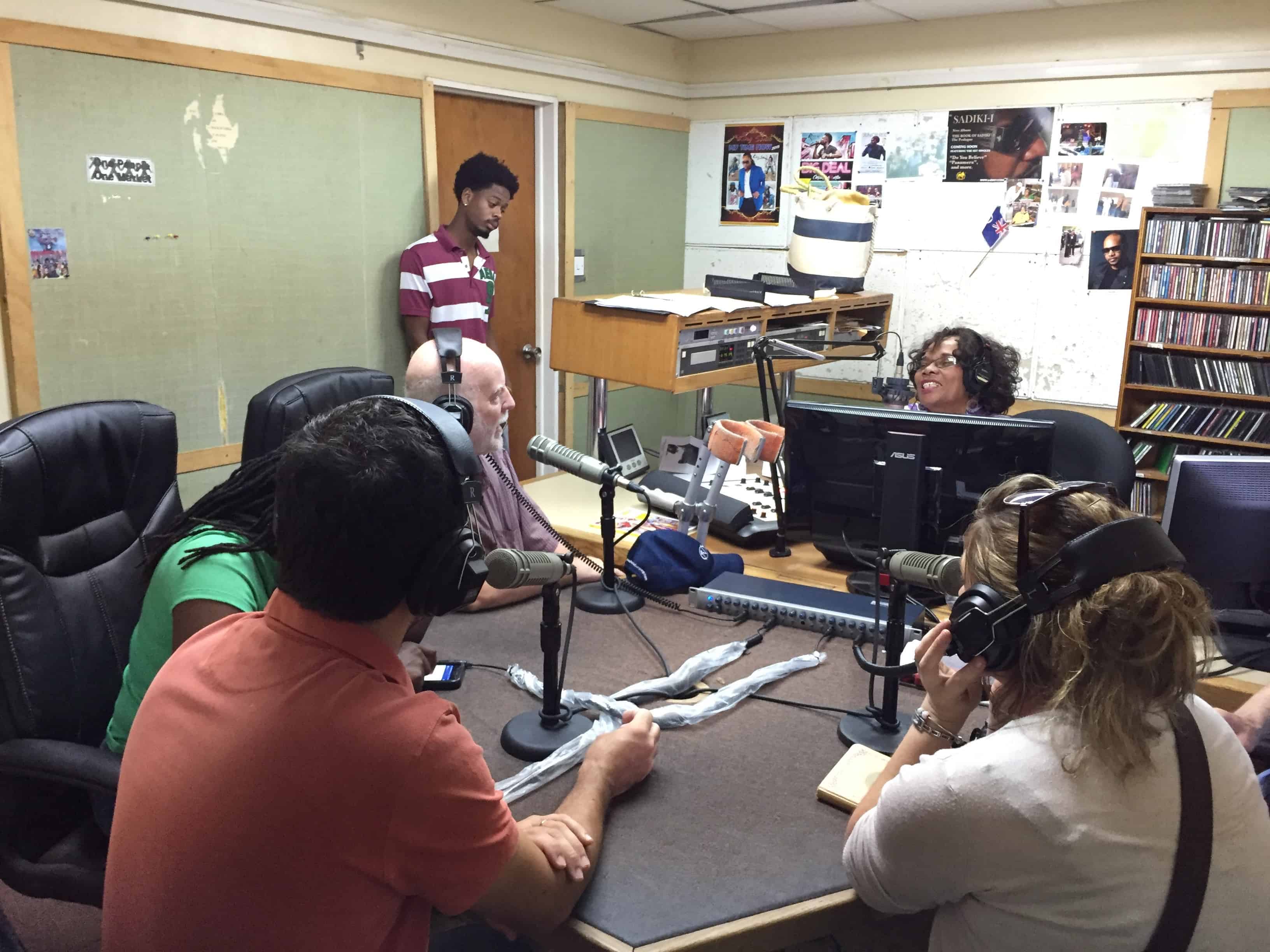 The UKOTCF/Montserrat National Trust/Montana State University project team on one of its visits with Rose Willock, on the Saturday morning Culture Show on Montserrat Radio ZJB. Copyright: UKOTCF