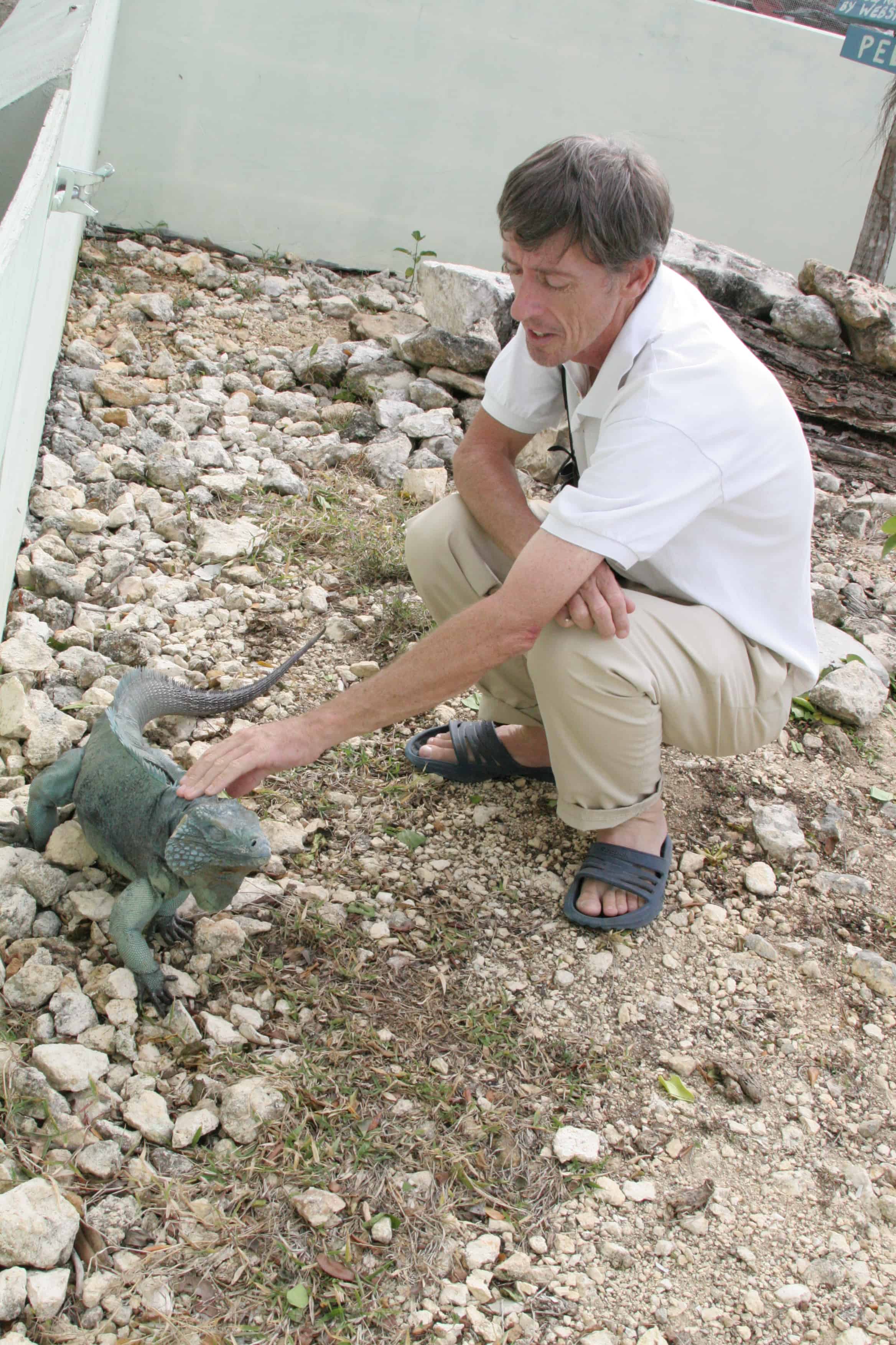 Fred Burton, who has led the recovery programme, at the breeding facility, with one of his guests. Copyright: Dr Mike Pienkowski