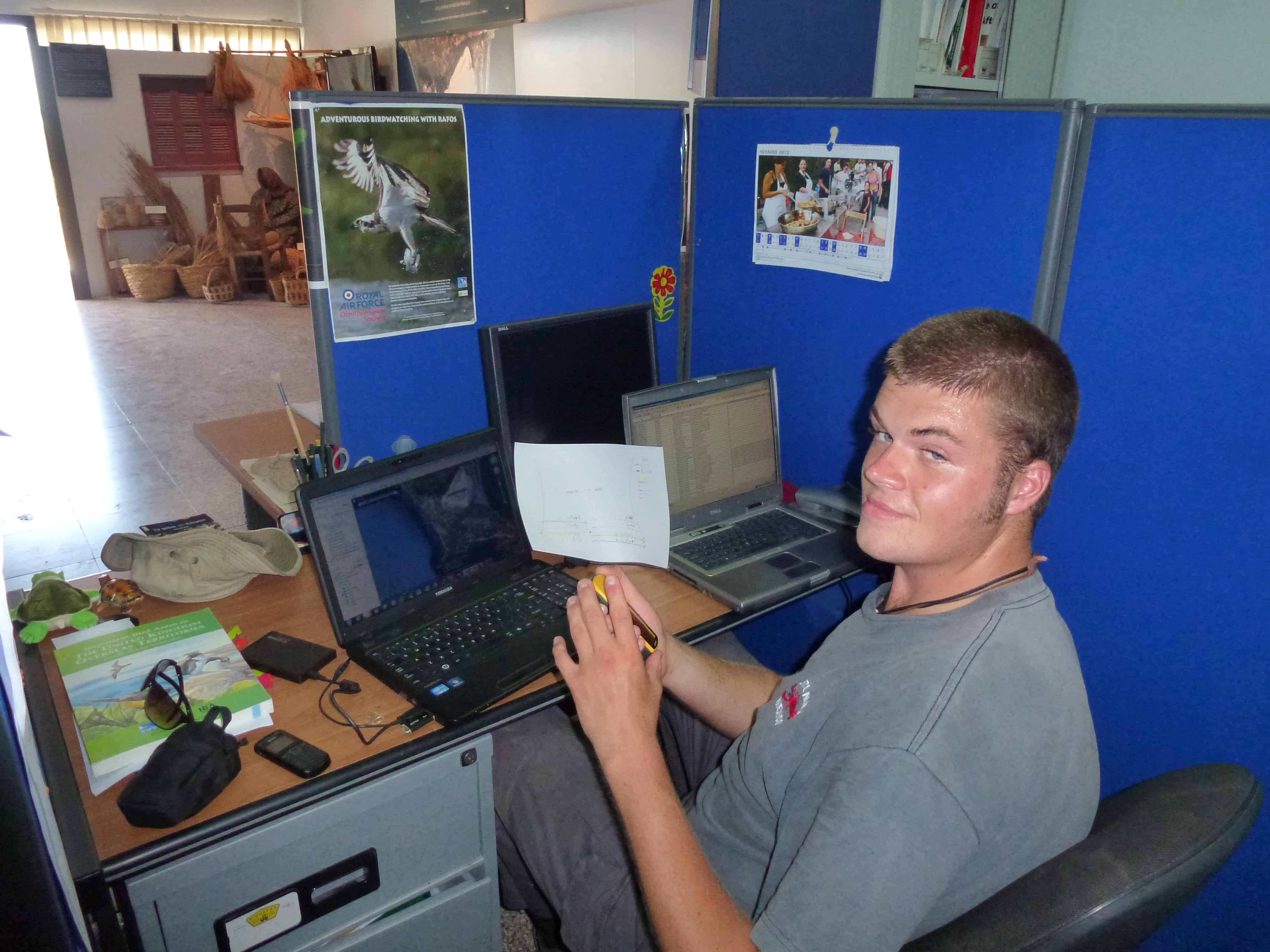 Felix assists with administration at the Akrotiri Environmental Education and Information Centre in the Cyprus Sovereign Base Areas, where he spent the summer of 2012 after obtaining a scholarship from the Peter Kirk Memorial Fund; Copyright: Felix Driver