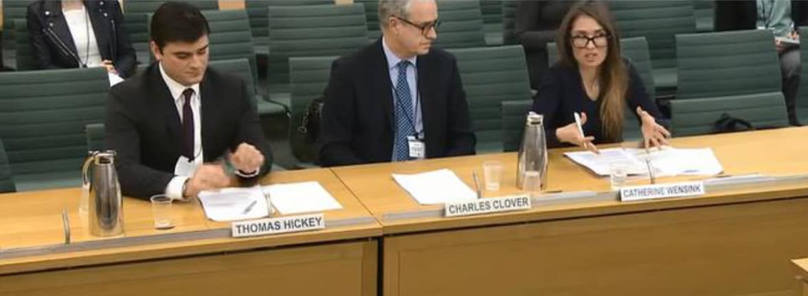 Catherine Wensink, UKOTCF Manager and Senior Conservation Officer (now Executive Director), gives evidence to the House of Commons Environmental Audit Committee Inquiry into Marine Protected Areas, January 2017, while fellow witnesses Charles Clover, Executive Director, BLUE Marine Conservation, and Thomas Hickey, Pew Charitable Trusts, look on. Copyright:parliamentlive.tv