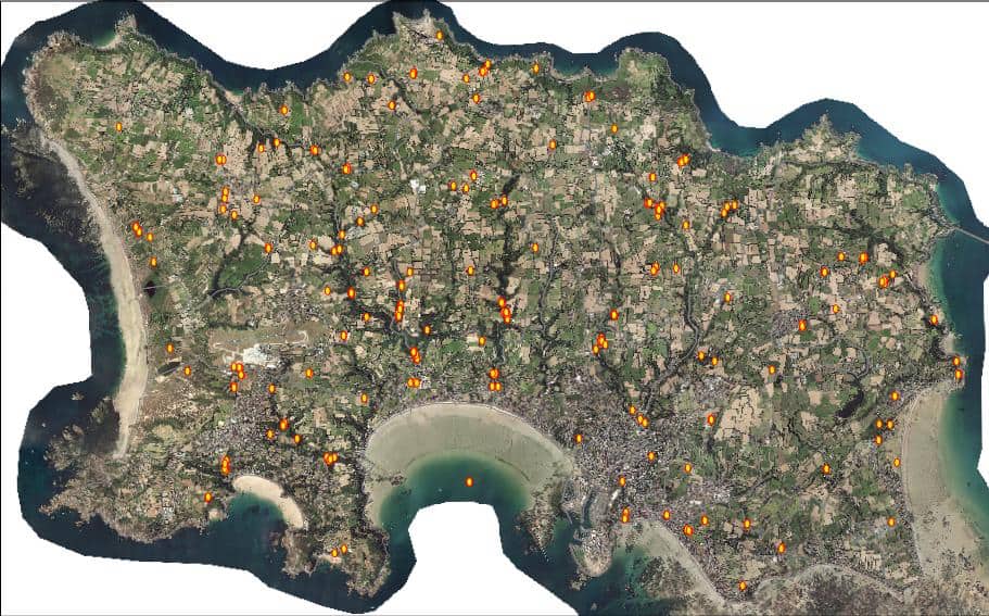 Ariel image of distribution of Japanese knotweed on Jersey using the Plant tracker app; Copyright: Department of Environment Jersey