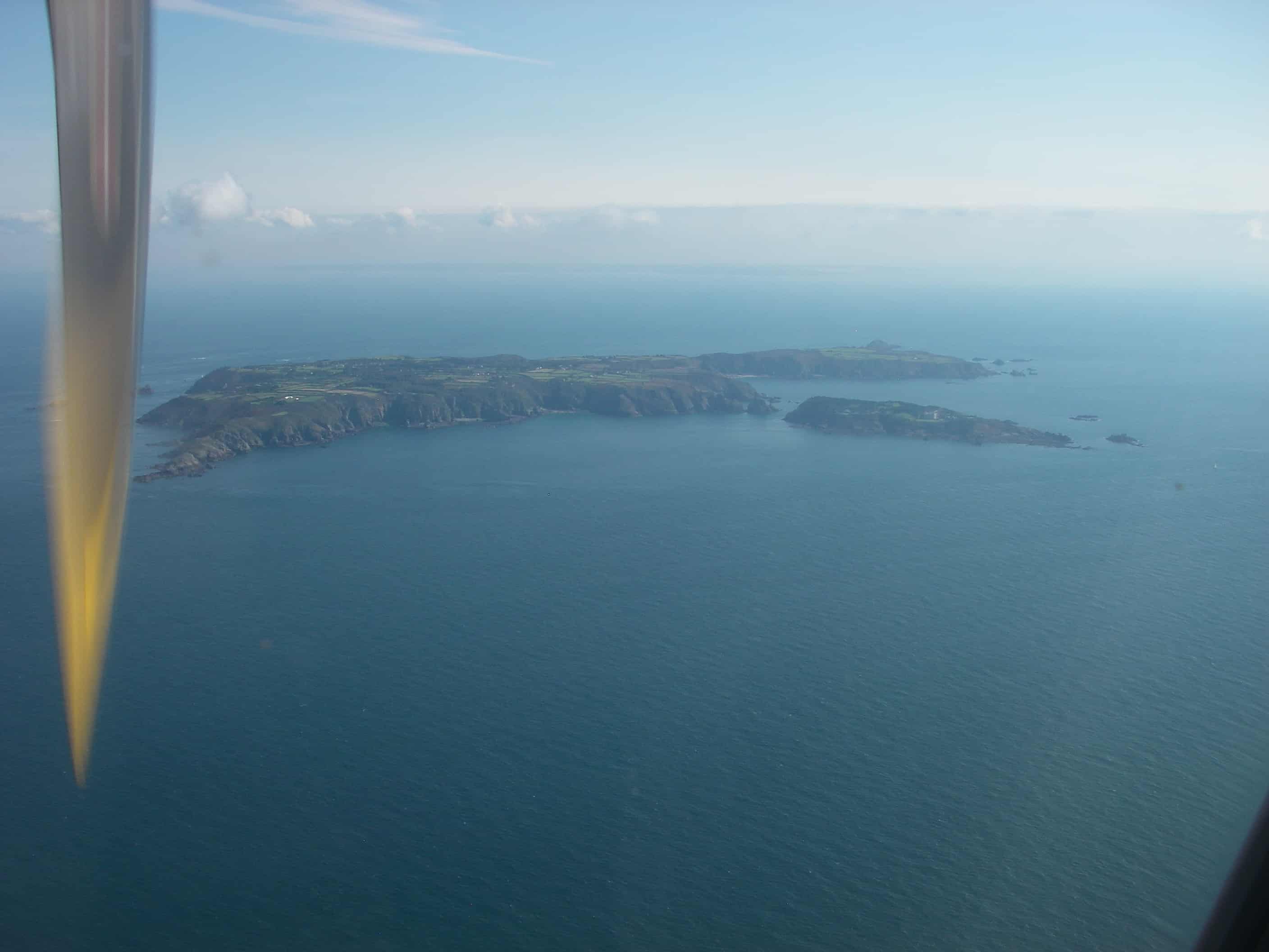 Sark from the air, with northern Great Sark to the left and Little Sark to the right, with Brecqhou in front to the right; Copyright: Dr Mike Pienkowski