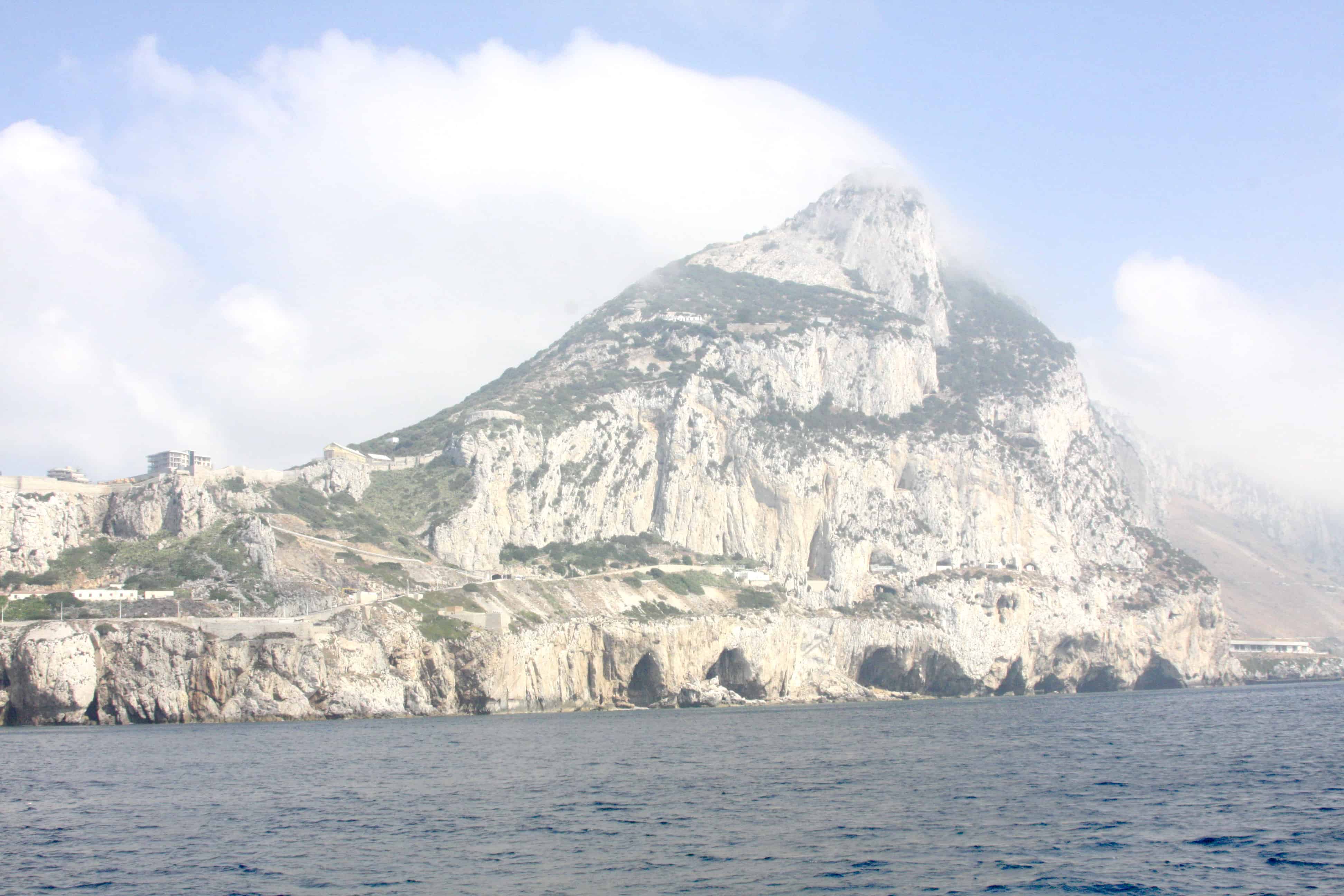 The Rock of Gibraltar from the east, with a fairly strong easterly wind driving clouds over the peak. Copyright: Dr Mike Pienkowski