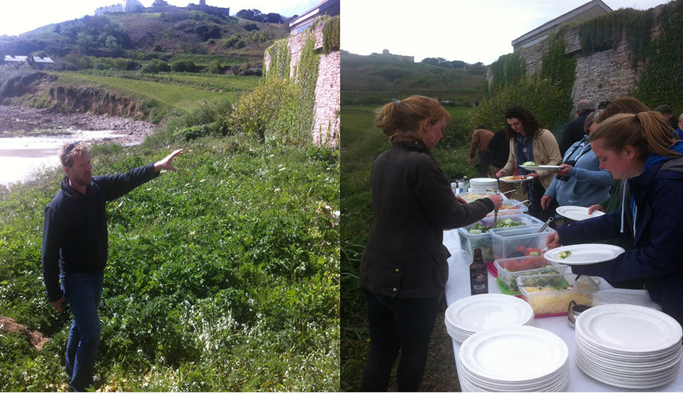 AWT volunteers clear site at the back of the Nunnery for the Environment Ministers meeting closing meal; Left: AWT Manager Roland Gauvain shows UKOTCF around the site; Right: A few days later the site has been cleared by AWT volunteers ready to host the BBQ; Copyright: UKOTCF